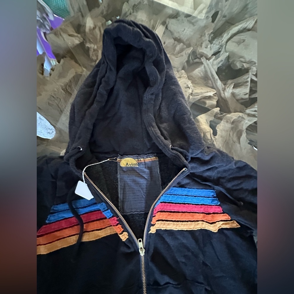 RARE Aviator Nation 5 Stripe Zip Hoodie Black Rainbow NWT XS - Picture 5 of 8